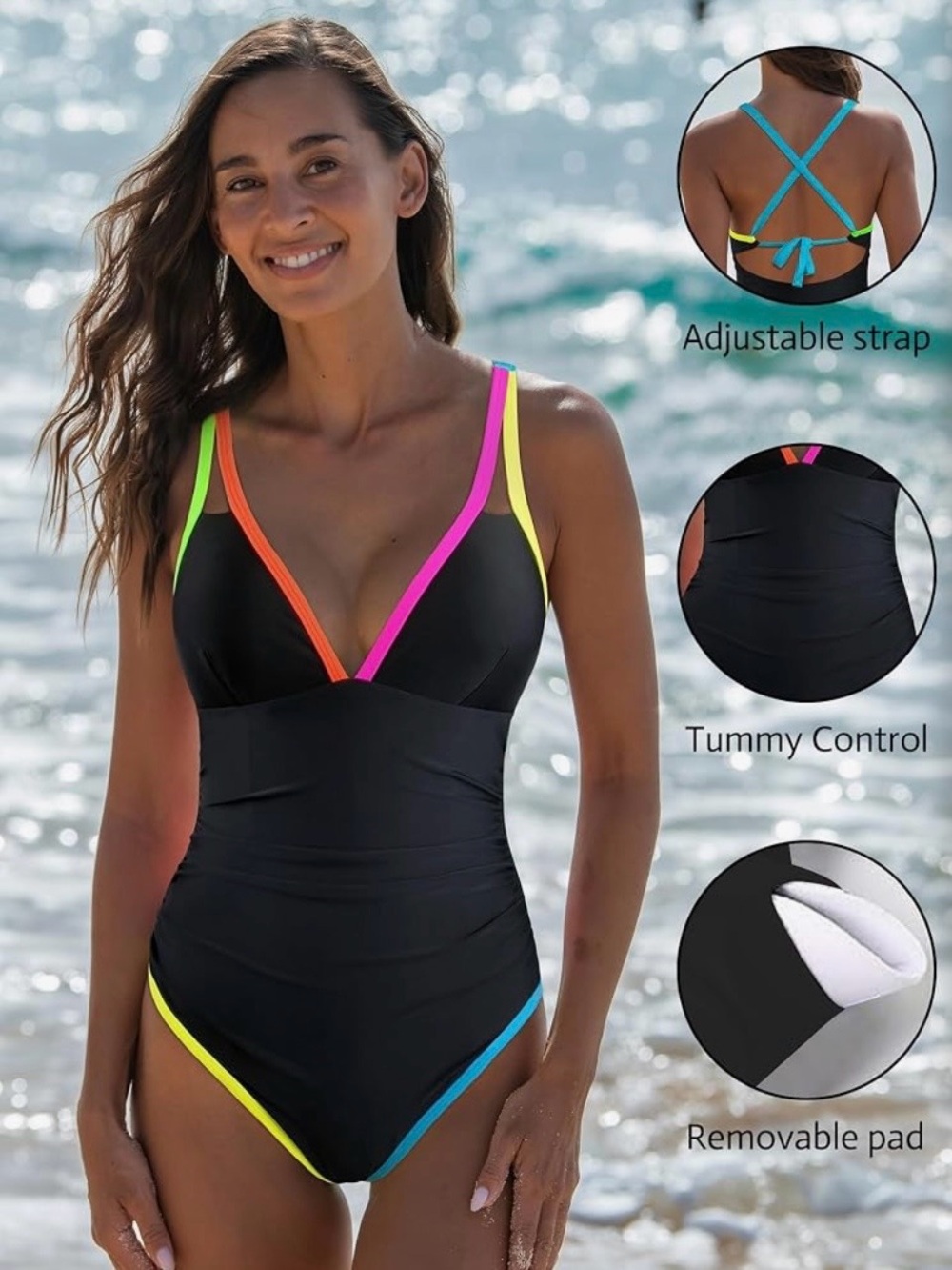 Popvil New (Without Tags) Black One-Piece Swimsuit with Neon Trim - Picture 4 of 8
